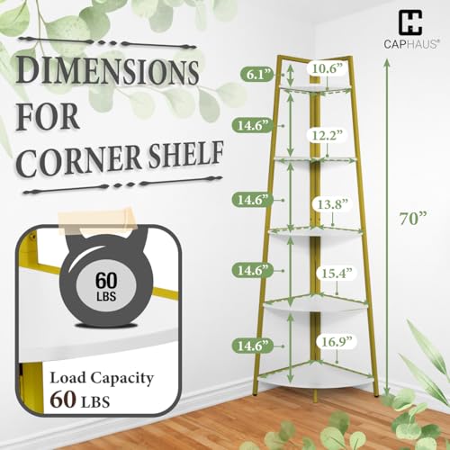 CAPHAUS Tall Corner Shelf Stand, 5-Tier Display Shelves, Ladder Corner Wood Storage Plant Bookshelf with Metal Frame, Versatile Shelving Unit Bookcase for Home Office Space, Gold - color: Gold, size: 5-Tier