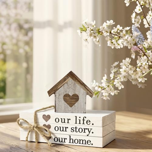 Smile Farmhouse Wooden Tabletop Decor Our Home Our Story Our Famliy Table Centerpiece, Block Sign Tiered Tray Decoration for Kitchen Shelves Desk Mantel - style: Our Story