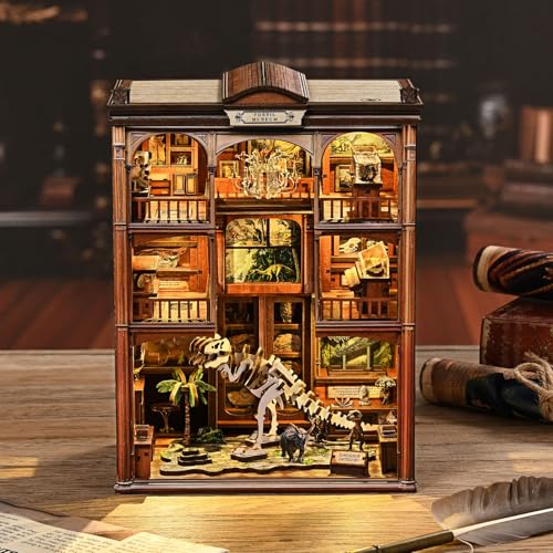 DIY Book Nook Kit, 3D Wooden Puzzle Miniature House Kit with LED Light, Dinosaur Fossil Museum Bookend Dollhouse, Creative Arts & Crafts Project for Adults and Teens Age 14+ (Fossil Museum)