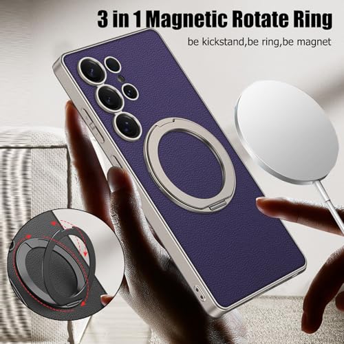 Leather Case for Samsung Galaxy S25 Ultra with Kickstand Magnetic Ring, Compatible with Wireless Charging, Invisible Stand Luxury Slim Protective Shockproof Cover for Samsung S25 Ultra (Purple) - color: Purple