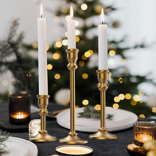 3-Piece Metal Candle Holders Set - Heavy Duty Alloy Taper Candlesticks for Table Centerpiece, Christmas, Dinner Party, Vintage Home Decor - 5-7.5 -10.3Inch Tall, Antique Gold Finish (Gold) - color: Gold