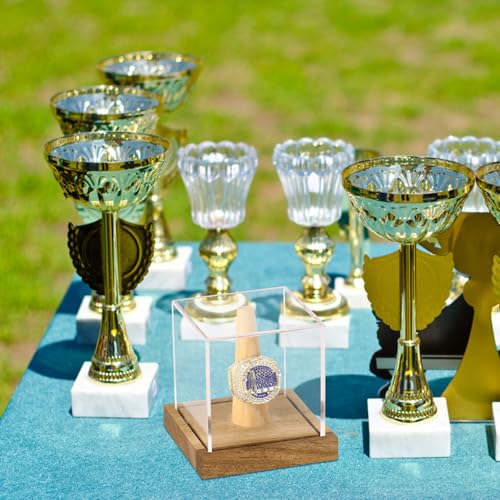 Hooqict Championship Ring Display Case Clear Acrylic Ring Case Display Box UV Protected with Wood Base Stand for Sports Baseball Basketball Softball Football Single Ring Holder Coin Stand - size: 1 Pack