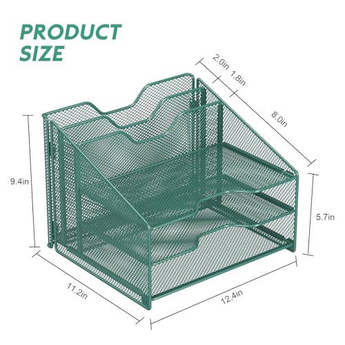 Samstar Green Desk File Organizer, Mesh Letter File Folder Holder with 3 Paper Trays and 2 Vertical Upright Section, for Office Supplies, Desk Accessories & Workspace, Green - color: Green