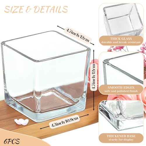 CONNOO 6 Pack Square Glass Vase 5" x 5" x 5", Clear Bulk Flower Vases for Centerpieces, Square Glass Cube Vase Floating Candle Holders for Wedding Party Home Decor - size: 6 Pack 5 Inch
