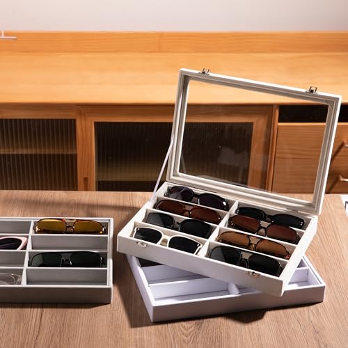 Frebeauty Sunglass Organizer,Velvet Glasses Organizer,8-Slot Sunglasses Tray with Clear Lid,Men's/Women's Sunglasses Box,Sunglass Case,13.3 x 9.6 x 2.2 Inches,Eyeglass/Eyewear Display Tray(Balck) - color: Black, style: With Lid