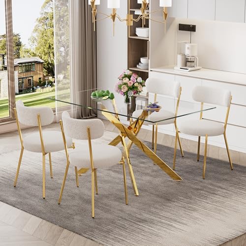 51'' Modern Glass Dining Table for 4, Rectangular Tempered Table Top Gold Base with 4 Luxury White Gold Boucle Dining Chairs, 5 Piece Dining Room Table Set, Easy Assemble - color: Golden+white Gold Chairs, size: 51'' + 4 Chairs