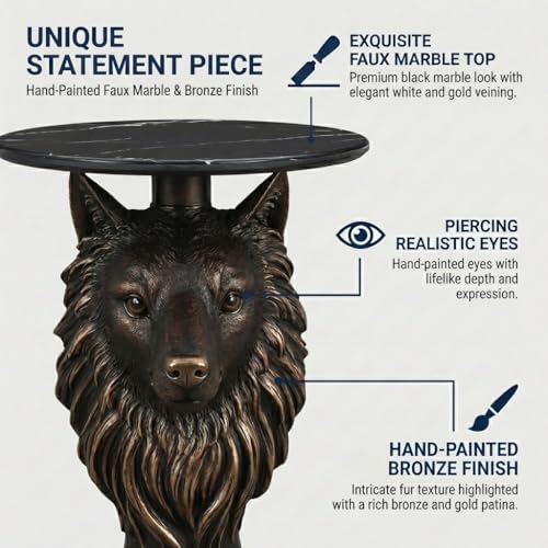 Wolf Head Sculptural Side Table with Faux Marble Top, 17.71" Round Resin Animal End Table, 25.2" H Unique Wolf Statue Decor for Living Room & Office, Gothic Housewarming Gift - color: Wolf Color