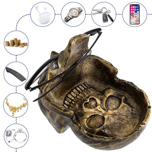 READAEER Skull Glasses Stand Holder, Creative Eyeglasses Holder, Sunglasses Spectacle Display Rack, Key Holder Resin Sculptures for Entryway, Home, Office, Desk, Nightstand (Bronze) - color: Bronze