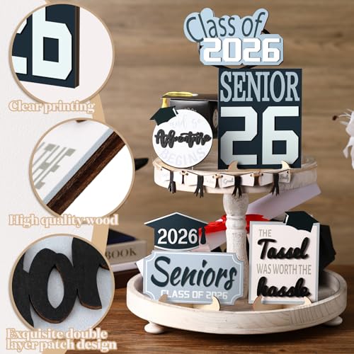 10 Pcs Graduation Tiered Tray Decor Set Senior Class of 2026 Table Decorations Senior Hat Gown Wood Sign for Tiered Tray and So the Adventure Begins Graduation Gifts for College Students - style: Graduation