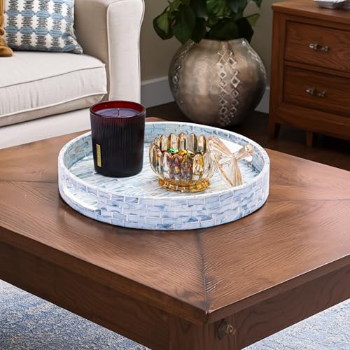 CLAYNIX Serving Tray 12.5 Inch Round, Wooden Lacquer Tray with Mother of Pearl Inlay, Elegant Tea & Breakfast Tray with Handles (Round)
