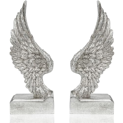 Vintage White Resin Decorative Bookends with Angel Wings Design, Home Decor for Book Shelf Table & Desks,1 Pair (2pcs) (Gold Wings) (Silver Angel Wings) - color: Silver Angel Wings