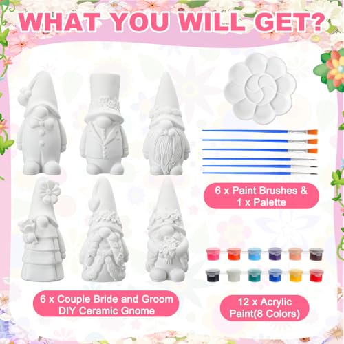 Arrowbash 6 Pcs Wedding Ceramics to Draw Ready to Paint Your Own Gnome Statues 5.12 Mr and Mrs Paintable Figurines DIY White Ceramics Plaster Crafts Kit with Brush Palette - style: Wedding