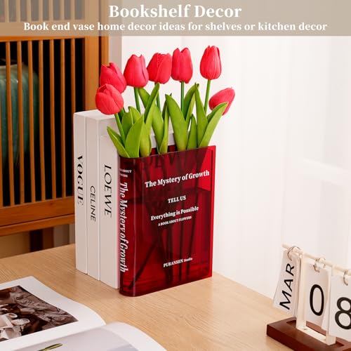 Puransen Red Book-Shaped Vase for Flowers - Aesthetic Room Decor for Modern Home/Office, Minimalist Shelf Organizer with Floral Display, for Book Lovers & Interior Design Enthusiasts - color: Transparent Red