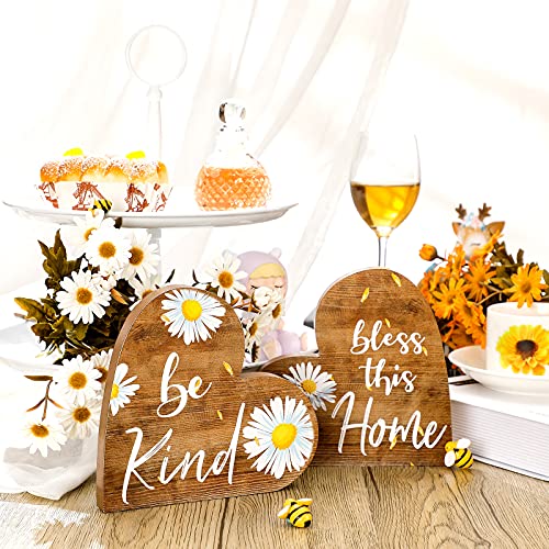 Jetec 2 Pcs Rustic Wooden Heart Table Decor, Daisy Farmhouse Home Decor, Bless This Home & Be Kind Sign for Living Room, Dining Room, Shelf & Mantel, Ideal Housewarming & Birthday Gift(Daisy Style) - style: Daisy Style