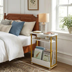 Narrow Side Table,3-Tier Slim End Table with Storage Shelf,Modern Sofa Table Thin Side Table for Small Spaces, Skinny Bedside Table Small Nightstand with Magazine Rack Space Saving/White+Gold - color: White+gold