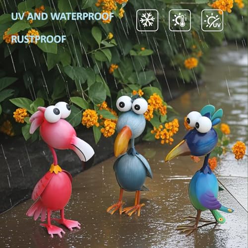 Kircust Outdoor Metal Bird Yard, Garden Decor for Outside Flamingo/Peacock/Pelican Decorations Art Statues, Lawn Ornaments for Courtyard, Patio, Backyard, Porch, Set of 3 - color: Pink-blue-grey Blue