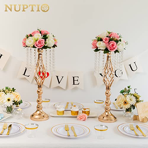 Nuptio 2 Pcs Crystal Flower Stand Wedding Centerpieces for Tables, 21.7in/55cm Tall Elegant Metal Flower Arrangement Stand, Tabletop Metal Flower Vase for Wedding Party Dinner Event Hotel Home Decor - color: Gold, size: Large - 2 Pcs