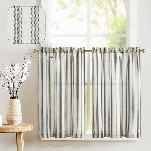 jinchan Striped Linen Kitchen Curtains 24 Inch Tiers Cafe Curtains Farmhouse Small Drapes for Windows Short Balanced Stripe Half Window Light Filtering for Bathroom Laundry 2 Panels Black on Linen - color: Striped Black on Linen, size: 26"W x 24"L (Pack o
