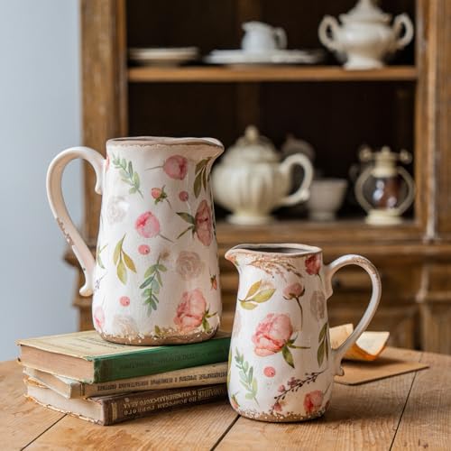Retro Rustic Large Ceramic Vase with Handle, Distressed Farmhouse Pitcher for Home, Ideal Shelf Decor Floral Vase for Living Room Bedroom Office Table Centerpiece Decorations 9 Inch - color: Floral and Fruit, size: Large Pitcher