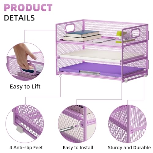 Marbrasse 3 Tier Paper Organizer Letter Tray, Mesh File Organizer with Handle, Paper Sorter Desk Organizer for Home Office Supplies(Purple) - color: Purple