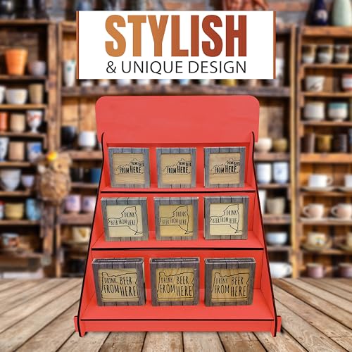 Wooden Portable Retail Table Display Stand Countertop 3 Step Riser Craft Shows, Farmers Markets Tradeshows |No Hardware Assembly Flat Pack Soap Display CBD Jewelry Spices Cups Tumblers Coasters - color: Red