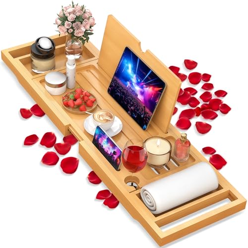 Premium Bamboo Bathtub Caddy Tray with Extending Sides, Adjustable Wood Bath Tray for Luxury Bath, Fits Most Tubs, Accessories Gift Idea - color: Beige 2