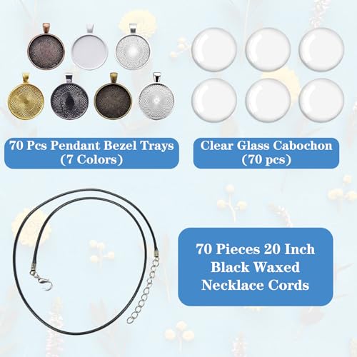 210Pcs Pendant Trays Kit, Bezel Pendant Trays Charms Bulk with Glass Cabochon and Necklace Cords Set for Homemade Necklaces, Jewelry Making, DIY Crafts, Resin Art and Paint Pour Skins - size: 210 PCS