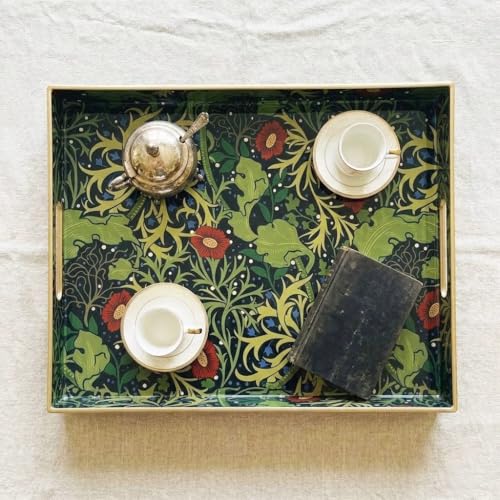 15.8" x 11.8" Navy Green Plastic Serving Tray with Handles, Seaweed & Poppy Botanical Floral Pattern with Red & Blue Accents and Gold Trim, for Ottoman, Coffee Table, Vanity - color: Seaweed & Poppy Botanical