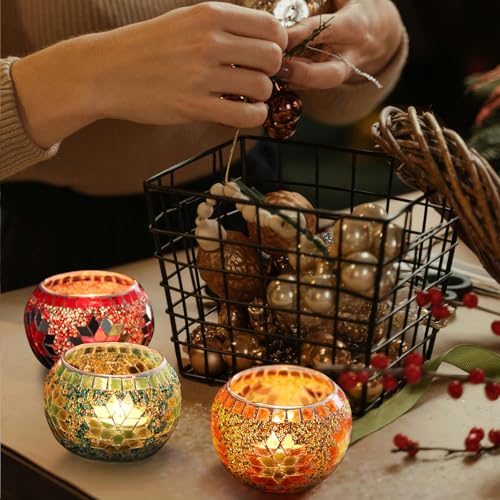 SHMILMH Votive Candle Holder Set of 4, Diwali Decoration for Home, Handmade Mosaic Glass Tealight Candle Holders for Table Centerpiece Decor,Diwali Thanksgiving