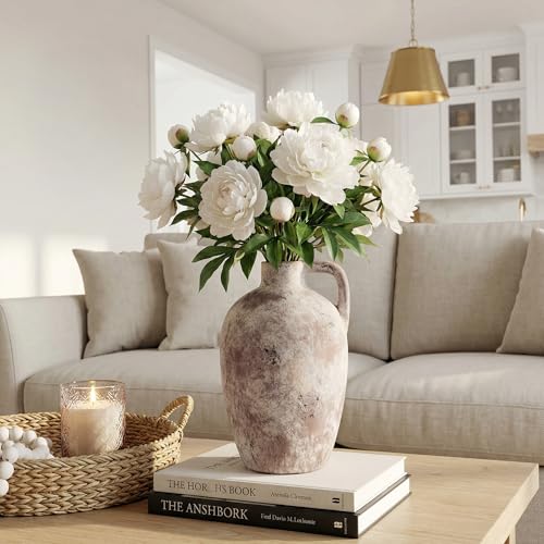 Ceramic Flower Vase with Handles,10" Neutral Tall Clay Terracotta Vases Farmhouse Table Vases with Handle Living Room Decor Rustic Pottery Pots for Home Shelf Coffee Dining Desk Fireplace - color: C-10"h-terracotta
