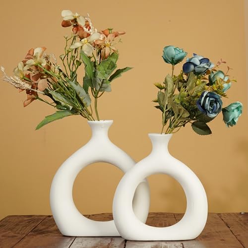 Ajuny Donut Vase Set of 2 – White Ceramic Modern Vases for Flowers, Pampas Grass, Centerpieces | Boho Table Decor for Living Room, Wedding, Kitchen, TV Stand, Office, Shelf, Mantle - style: Hollow-Circle-Vase