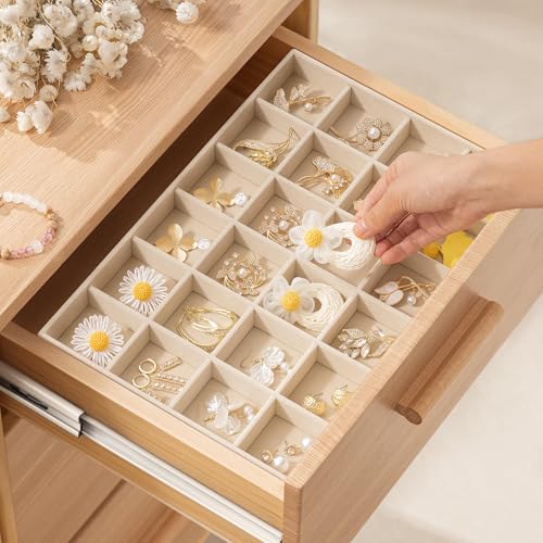 pickpiff Drawer Jewelry Organizer & Display Trays: 2pcs 24grid Velvet Stackable Jewelry Case (13.8x9.4x1.2inch) - Soft Beige Ring Storage Bracelet Holder Earring Box - size: 24 grids + 24 grids