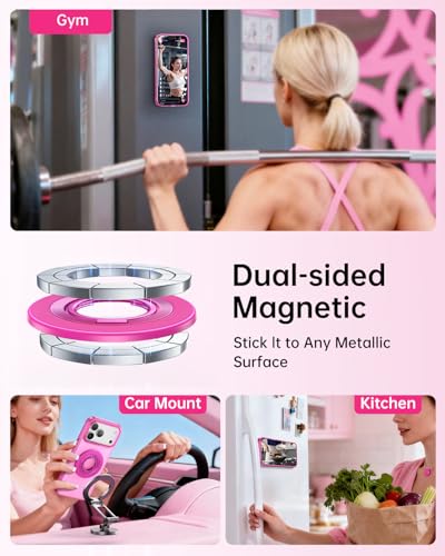 SYNCWIRE Magnetic Phone Ring Holder for MagSafe, 360° Rotation Cell Phone Grip Stand Finger Ring Kickstand Two-Sided Magnet Compatible with iPhone 17 Pro Max 16 15 14 13 12 MagSafe Accessories - color: Single Ring-1PCS-Hot Pink