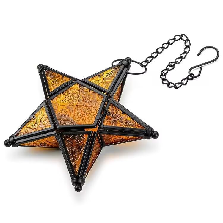 Morocco Metal Star Glass Lantern Wall Hanging Candle Holder for Decorative Wedding Party Home Decoration Birthday Party (Yellow) - color: Yellow