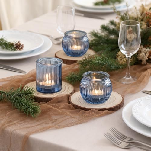 NITIME 12pcs Assorted Blue Votive Candle Holders for Wedding Decor, Ribbed Tea Lights Candle Holder, Glass Candle Holder for Table Centerpiece, Party and Holiday Decorations - color: Blue