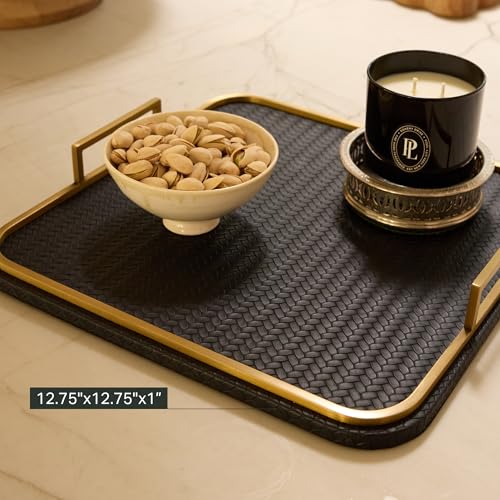 Preston Lane Mayfair Decorative Tray – Vegan Leather with Woven Texture, Brushed Brass Handles – Serving, Dresser & Coffee Table Tray, Ink - color: Ink