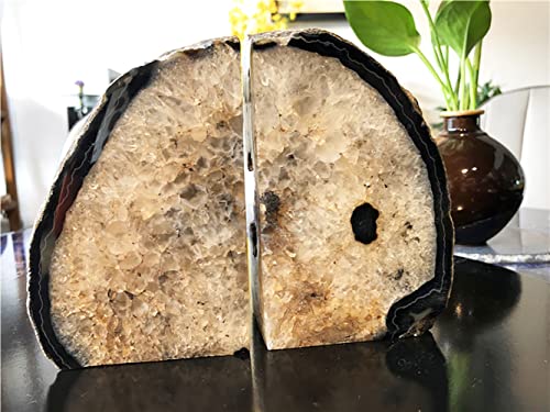 AMOYSTONE Black Geode Bookends Agate Decorative Book Ends for Shelves Heavy Duty Crystal Quartz Bookends with Rubber Bumpers(1 Pair, 3-4 LBS) - color: Natural Black, size: 3-4LBS