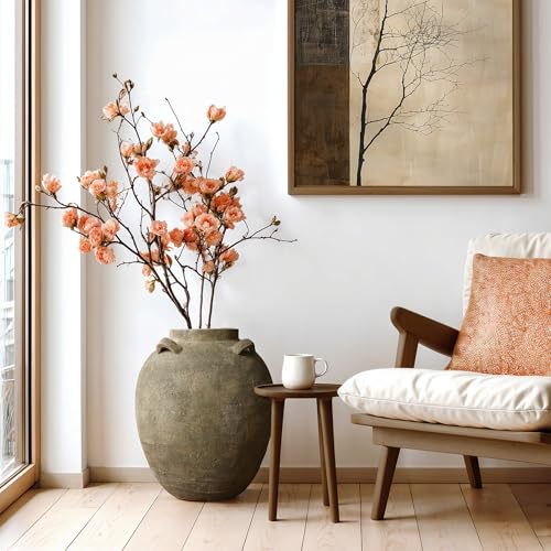 LuxenHome Rustic Ceramic Flower Vase,15 Inch Tall Brown Terracotta Cauldron Vase for Living Room Decor，Large Floor Vase Home Décor Accents,Round Vintage Pottery Vases Home Decor - size: Large