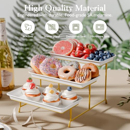3-Tier Melamine Serving Tray Set, 11.5" x 5.6" Platters for Serving Food, Black Reusable Trays with Black Metal Display Stand for Cupcakes, Sevring Food, Dessert, Fruit, Cookie, Gold - color: Gold, size: 11.8" x 5.7"