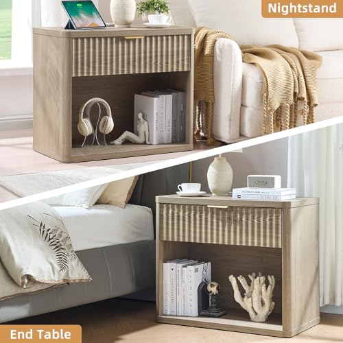 LEYAOYAO 31" Wide Fluted Nightstand with Charging Station, Oversized Extra Large 1 Drawer Night Stand with Golden Handle, Grey Wood Bedside Table Tall End Tables,for Bedroom, Living Room, Hallway - color: Grey, size: 1 Drawers
