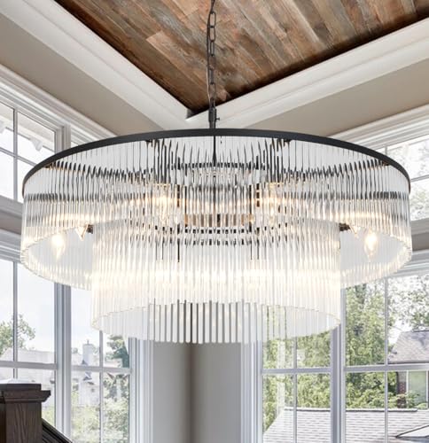 Contemporary Black Chandeliers, 2-Tier Dining Room Glass Chandelier Lighting 10 Lights Round Chandelier for Living Room Foyer Entryway Ceiling Hanging Pendant Light Fixture 32" - size: Medium Black (32" x 70")