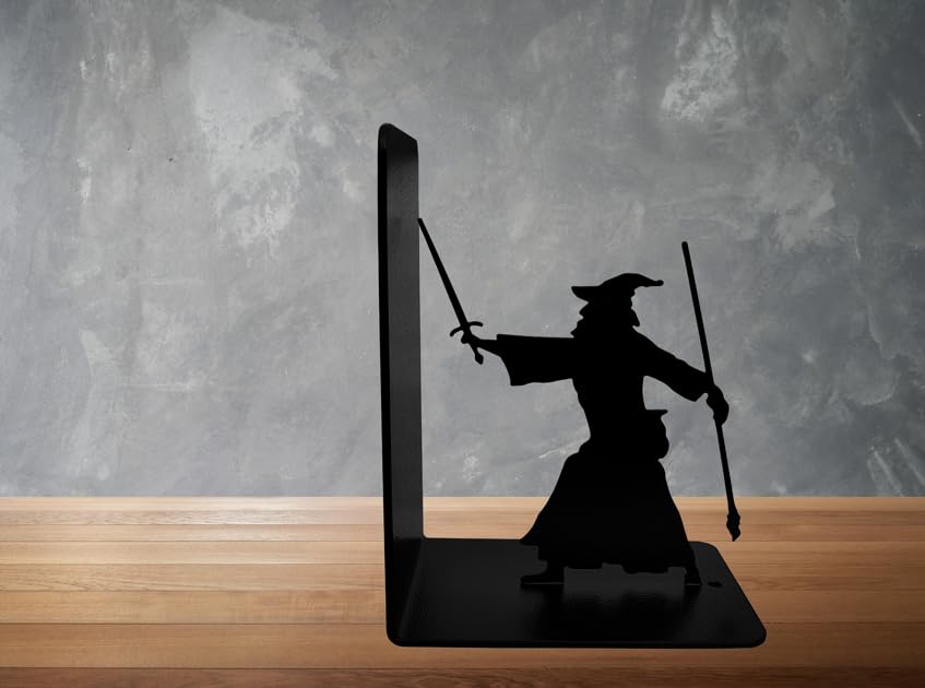 Decorative Bookends - Metal Book Ends - Black Finish - Wizard bookends Magical Bookends - 7" Tall bookends Heavy Bookends for Shelves - size: 7 x 5.5 x 4 inches | 1.8 pounds