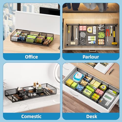 Marbrasse Expandable Desk Drawer Organizer, Mesh Drawer Organizer Tray with 10 Adjustable Compartments, Desk Organizers and Accessories for Office Supplies (Longer Expandable Drawer Organizer-B) - color: Longer Expandable Drawer Organizer-B