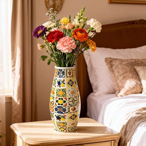 3D Puzzle Vase with LED Light, Creative Puzzle Vases for Adults DIY Crafts Decorative Flower Vase for Home, Women Unique Gifts Christmas Mother's Day - color: Mexican Tiles
