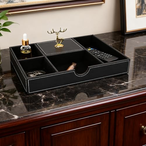 Jewelry Trays Nightstand Organizer, Valet Tray for Men and Women, Dressing Table Storage Box, Dark Brown Faux Leather, 5 Compartment - color: black
