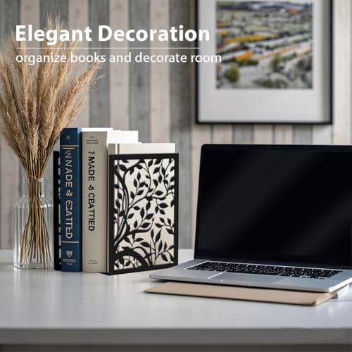 2pcs Book Ends Vines Plants Metal Large Bookends Leaf Heavy Duty Non-Slip Tree Book Ends Decorative Reading Black Book Stoppers for Shelves Back to School - style: Vines Plants,Leaf