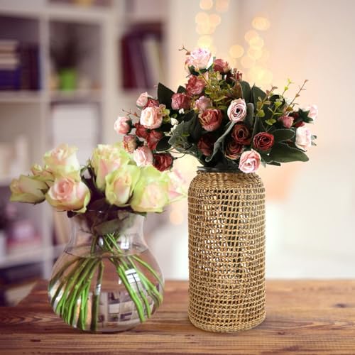DOITOOL Boho Glass Vase with Rattan Cover, Rustic Farmhouse Vase Round Decorative Flower Container Flower Bud Container for Floral Arrangements Table Centerpiece, 4.3 x 4.3 x 9.8 inch