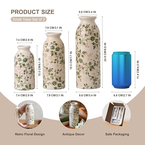 Teweiqi Vintage Vase Set of 3, Ceramic Flower Vases Chinoiserie Decor, Rustic Farmhouse Vases Retro Decorative Vases, for Home Living Room Kitchen Table Mantle Shelf Decor - Green and White - color: Green and White, size: set of 3