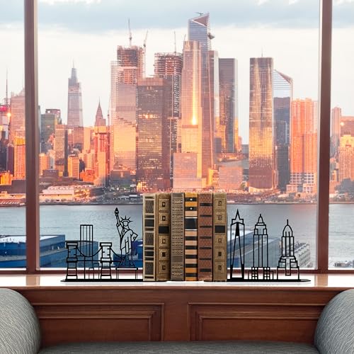 Metal City Skyline Modern Bookends, New York Themed Decorations, NYC Skyline Souvenirs - color: New York