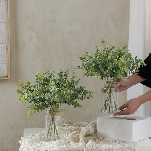 Zheart Fake Eucalyptus Stems in Glass Vase with Faux Water,14" Artificial Plants Eucalyptus Leaves for Shelf Desk Bathroom Farmhouse Room Coffee Table Home Decor (Sage Green)